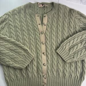 Vintage 70s Peck & Peck Hong Kong Wool Ribbon Cardigan Green Medium Read